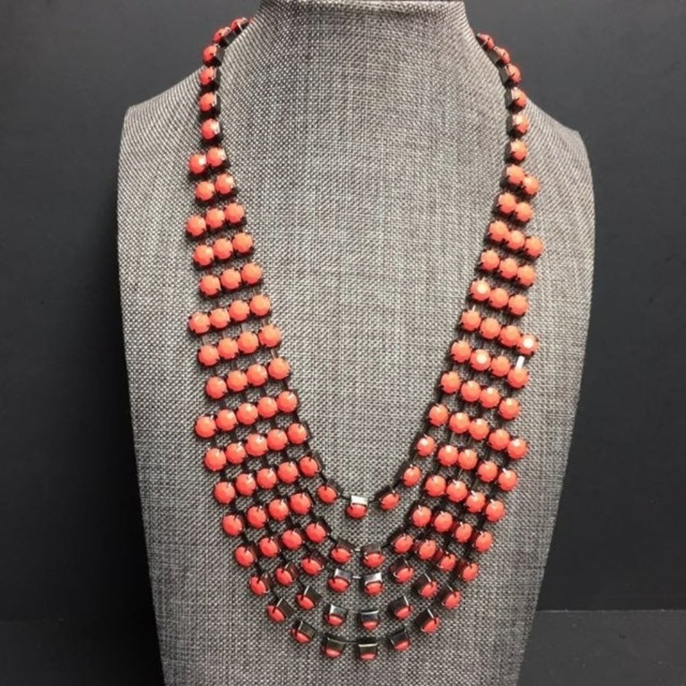 Neon Red Statement Necklace Orange Gunmetal Silvertone Multi Strand Retro 80S